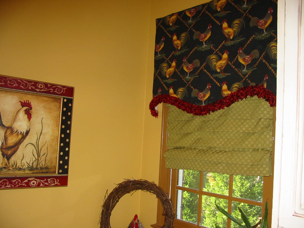 Laundry Rm. - Rooster feathered trim top treatment w/shade.